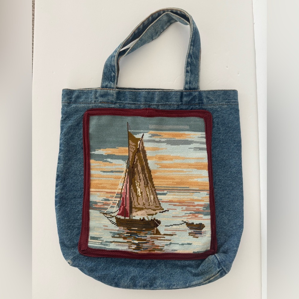 Vintage Denim Tote Cross Stitch Sailboat